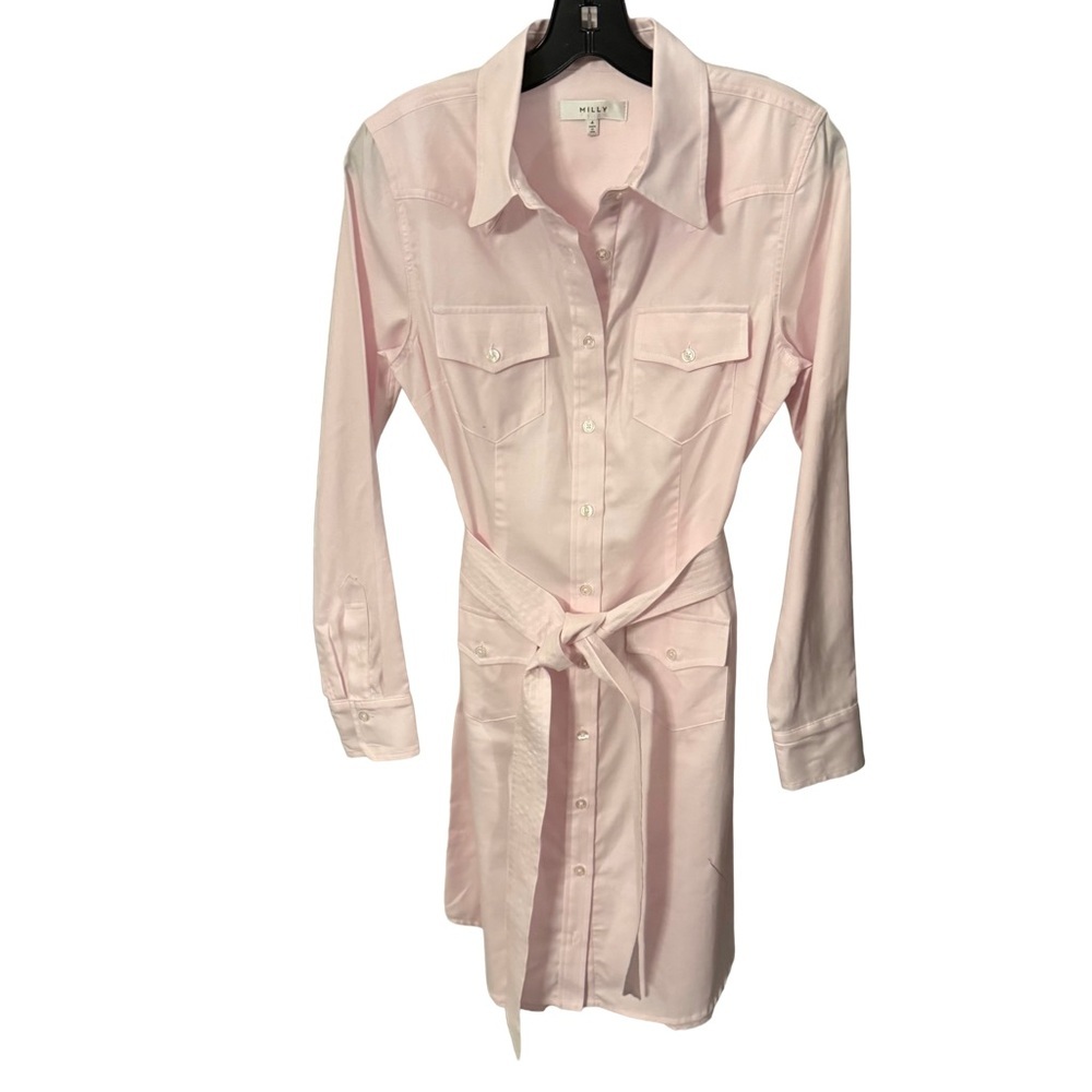 Milly Women’s Pink Shirt Dress Pockets Belt Collared Cotton Sz 4 Nwot